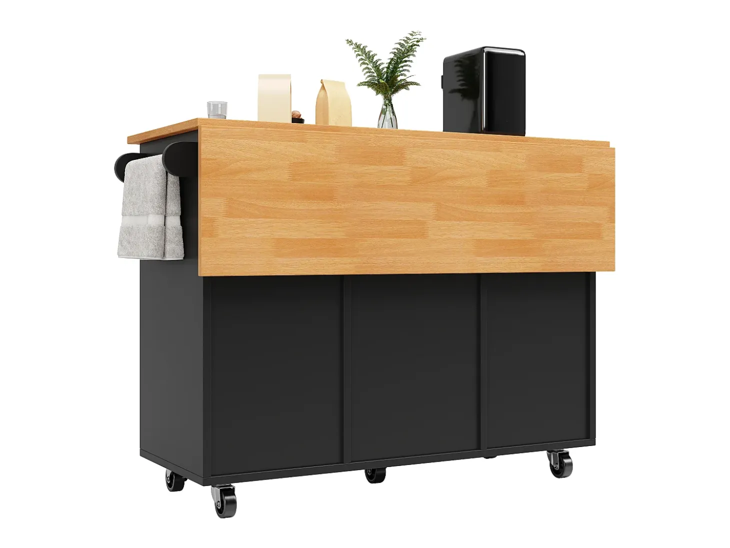 Isla de cocina central móvil - Tablero extensible - 8 cajones y 1 puerta - Con estante para especias - MDF - Negro