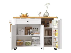 Isla de cocina central móvil - Tablero extensible - 121x70x90 cm - 1 cajón y 3 puertas - con toallero - MDF - Blanco