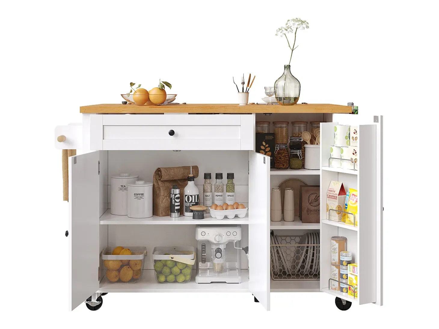 Isla de cocina central móvil - Tablero extensible - 121x70x90 cm - 1 cajón y 3 puertas - con toallero - MDF - Blanco