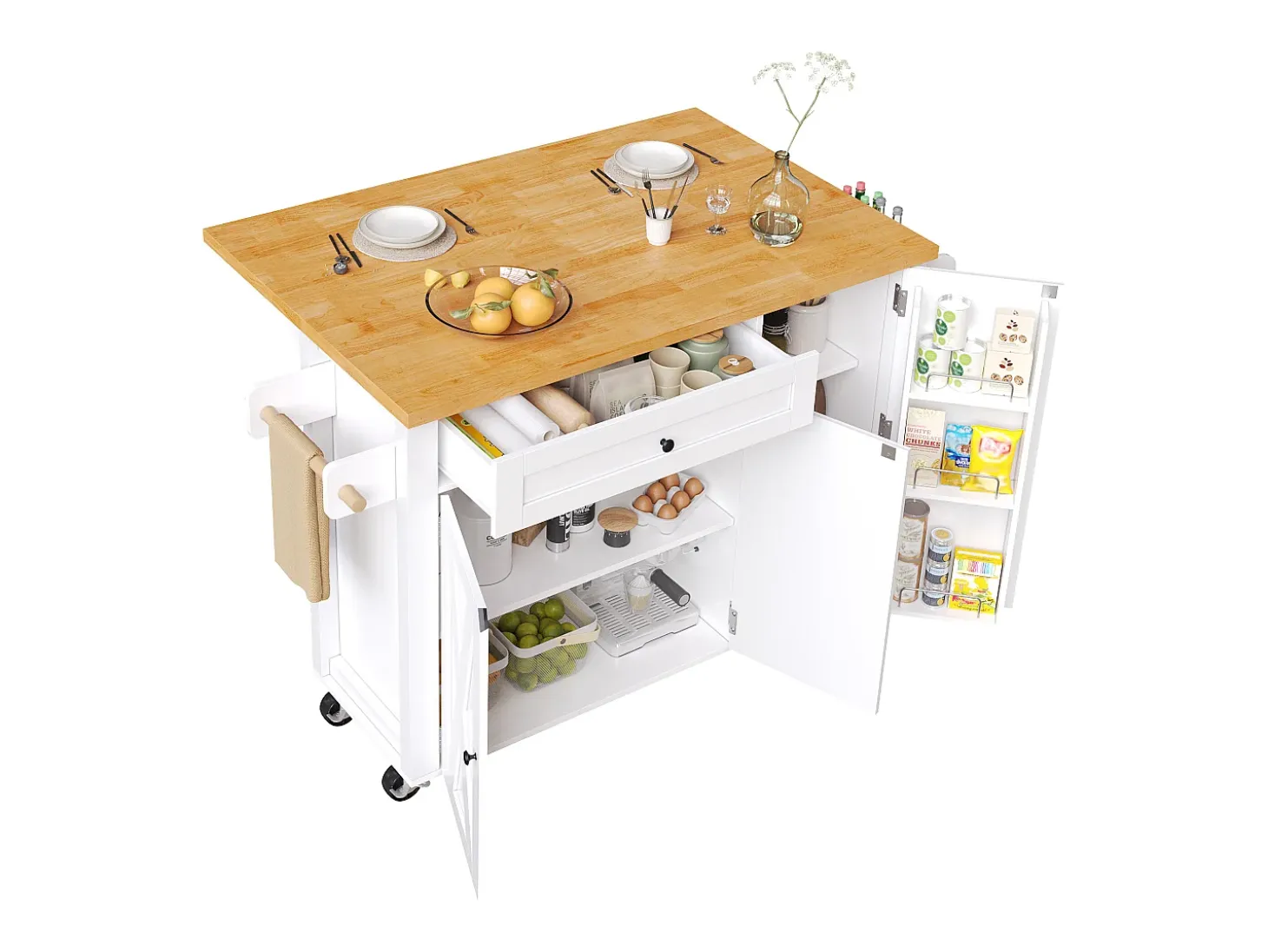 Isla de cocina central móvil - Tablero extensible - 121x70x90 cm - 1 cajón y 3 puertas - con toallero - MDF - Blanco