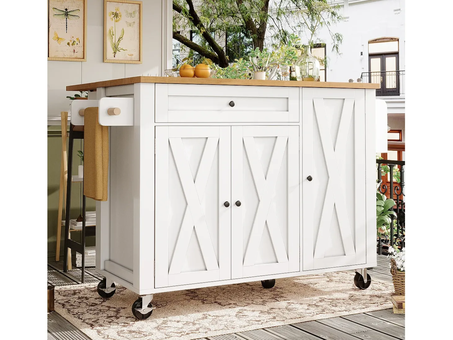 Isla de cocina central móvil - Tablero extensible - 121x70x90 cm - 1 cajón y 3 puertas - con toallero - MDF - Blanco