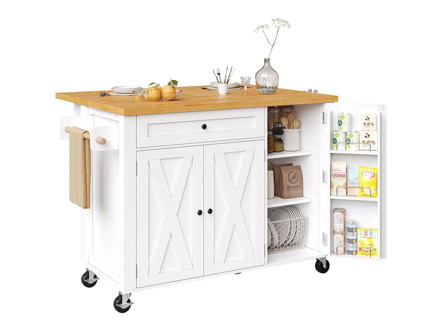 Isla de cocina central móvil - Tablero extensible - 121x70x90 cm - 1 cajón y 3 puertas - con toallero - MDF - Blanco
