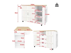 Isla de cocina central móvil - Tablero extensible - 3 cajones - Con estante para especias y toallero - MDF - blanco