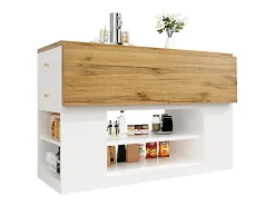 Isla de cocina con 2 cajones y 3 puertas - Encimera imitación madera - Blanco y madera