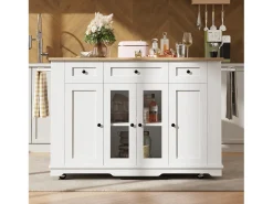 Isla de cocina con 3 cajones y 4 puertas (incluidas 2 puertas de cristal) - Blanco 151,5 x 60(85) x 91,7cm