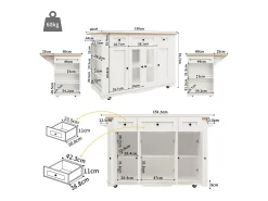 Isla de cocina con 3 cajones y 4 puertas (incluidas 2 puertas de cristal) - Blanco 151,5 x 60(85) x 91,7cm