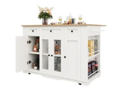 Isla de cocina con 3 cajones y 4 puertas (incluidas 2 puertas de cristal) - Blanco 151,5 x 60(85) x 91,7cm