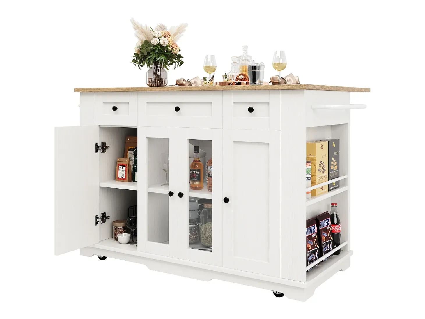 Isla de cocina con 3 cajones y 4 puertas (incluidas 2 puertas de cristal) - Blanco 151,5 x 60(85) x 91,7cm