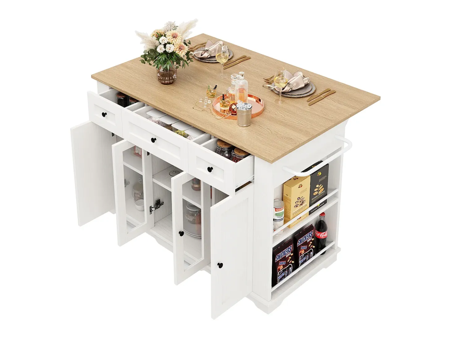 Isla de cocina con 3 cajones y 4 puertas (incluidas 2 puertas de cristal) - Blanco 151,5 x 60(85) x 91,7cm