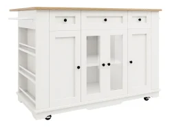 Isla de cocina con 3 cajones y 4 puertas (incluidas 2 puertas de cristal) - Blanco 151,5 x 60(85) x 91,7cm