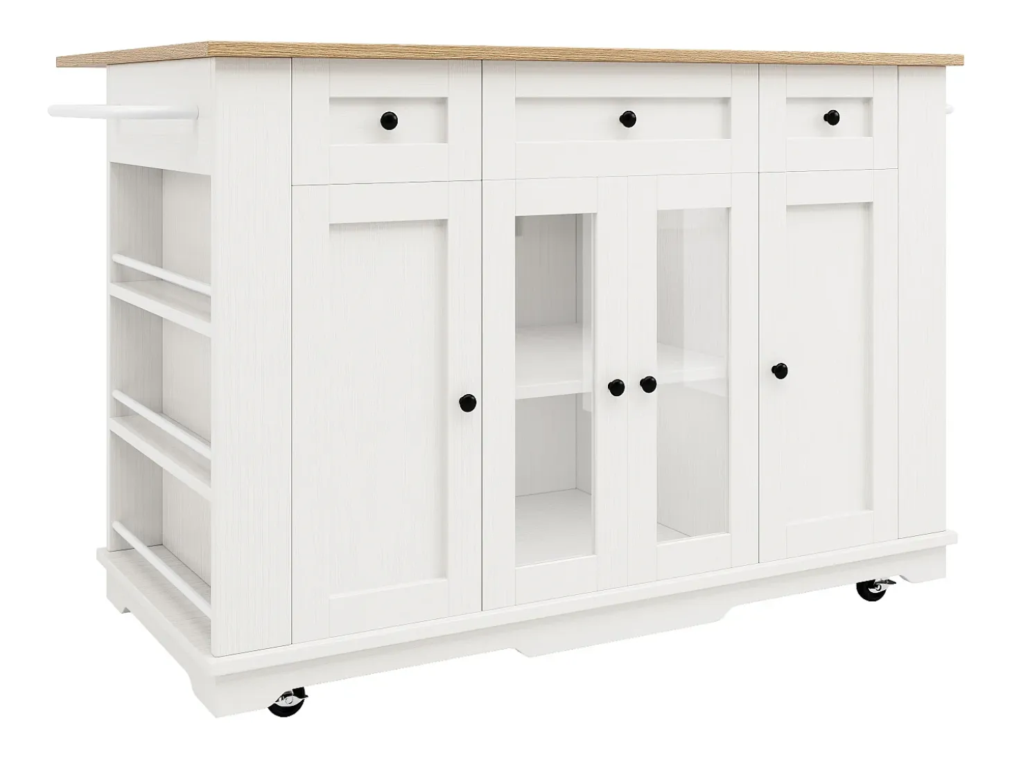 Isla de cocina con 3 cajones y 4 puertas (incluidas 2 puertas de cristal) - Blanco 151,5 x 60(85) x 91,7cm
