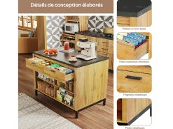 Isla de cocina con 2 cajones y 4 estantes abiertos - Encimera efecto mármol negro - Color madera