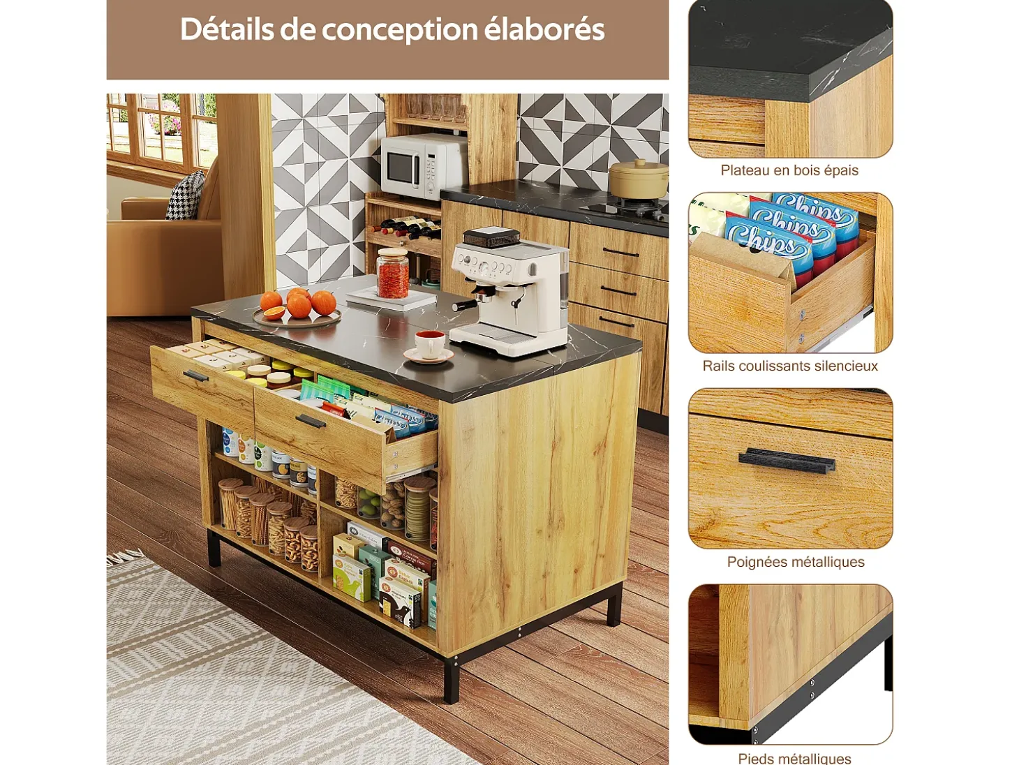 Isla de cocina con 2 cajones y 4 estantes abiertos - Encimera efecto mármol negro - Color madera