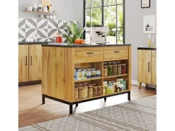 Isla de cocina con 2 cajones y 4 estantes abiertos - Encimera efecto mármol negro - Color madera