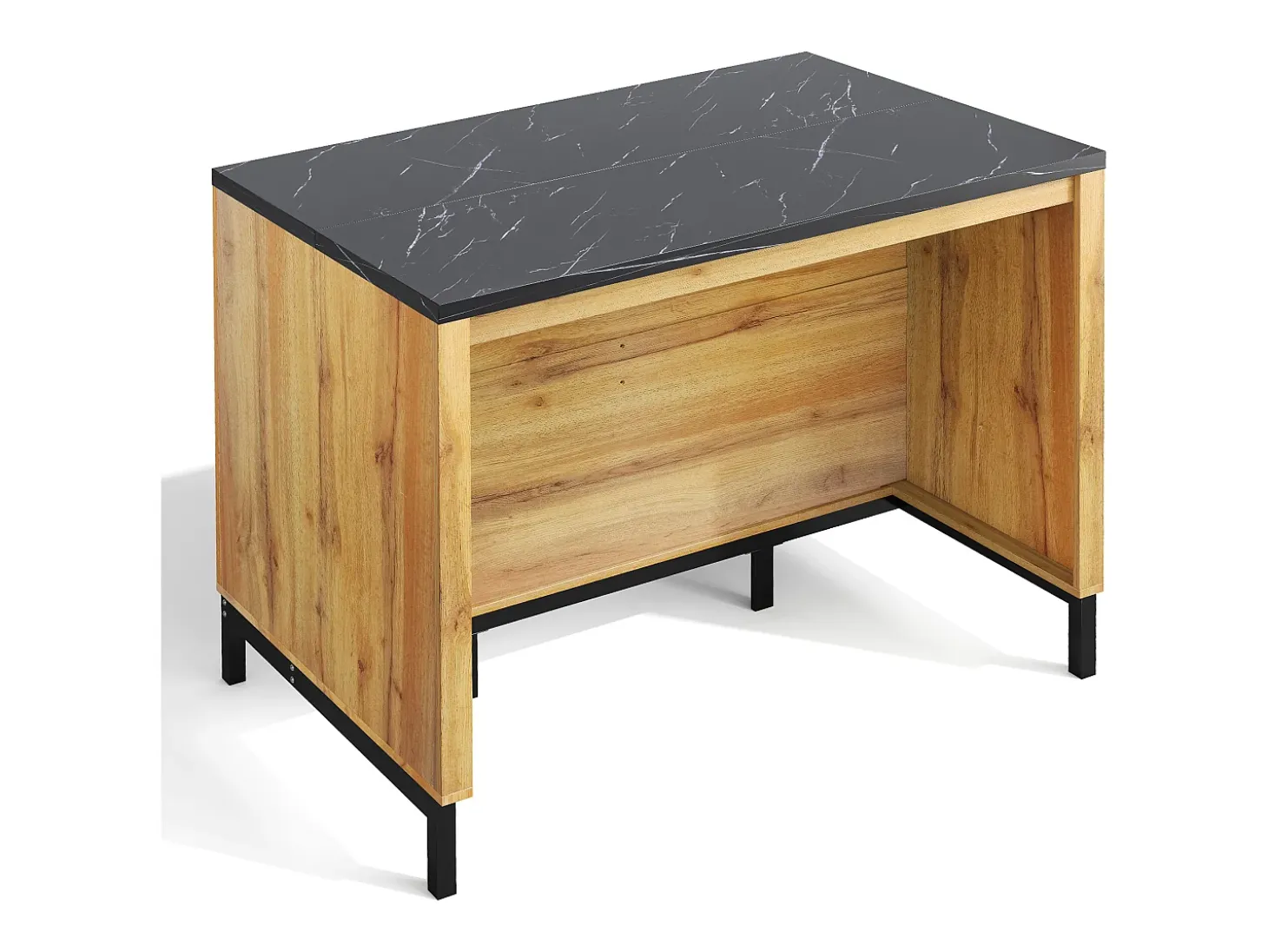 Isla de cocina con 2 cajones y 4 estantes abiertos - Encimera efecto mármol negro - Color madera