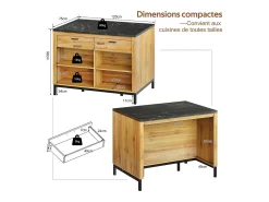 Isla de cocina con 2 cajones y 4 estantes abiertos - Encimera efecto mármol negro - Color madera