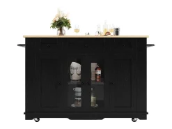 Isla de cocina con 3 cajones y 4 puertas (incluidas 2 puertas de cristal) - Negro 151,5 x 60(85) x 91,7 cm