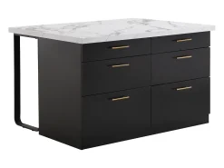 Isla de cocina con 6 cajones de MDF y metal - Negro y efecto mármol blanco - ALEGRITA