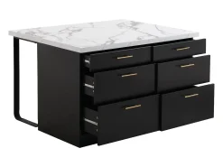 Isla de cocina con 6 cajones de MDF y metal - Negro y efecto mármol blanco - ALEGRITA