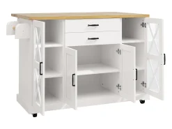 Isla de cocina con 4 puertas (2 de ellas de cristal) y 2 cajones - estantes regulables - Acabado madera y blanco