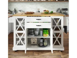 Isla de cocina con 4 puertas (2 de ellas de cristal) y 2 cajones - estantes regulables - Acabado madera y blanco