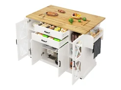 Isla de cocina con 4 puertas (2 de ellas de cristal) y 2 cajones - estantes regulables - Acabado madera y blanco
