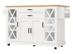 Isla de cocina con 4 puertas (2 de ellas de cristal) y 2 cajones - estantes regulables - Acabado madera y blanco