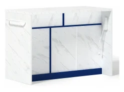 Isla de cocina con 3 puertas, 2 cajones y puerto USB - Efecto mármol blanco - Azul