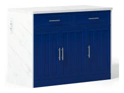 Isla de cocina con 3 puertas, 2 cajones y puerto USB - Efecto mármol blanco - Azul