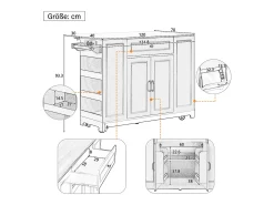 Isla de cocina con comedor extensible + cajones + 2 puertas - 131,8 x 40/70 x 93,9 cm - MDF - blanca