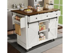 Isla de cocina con encimera abatible - Carrito de cocina con 2 puertas correderas y 3 cajones - toallero y portavasos - blanco