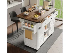 Isla de cocina con encimera abatible - Carrito de cocina con 2 puertas correderas y 3 cajones - toallero y portavasos - blanco