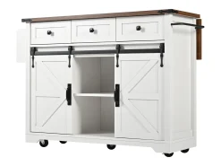 Isla de cocina con encimera abatible - Carrito de cocina con 2 puertas correderas y 3 cajones - toallero y portavasos - blanco