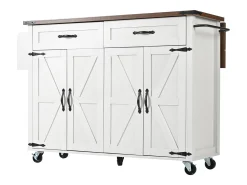 Isla de cocina con encimera extensible, carrito de servicio con 4 puertas y 2 cajones, MDF beige y madera (140x45x92,5 cm)