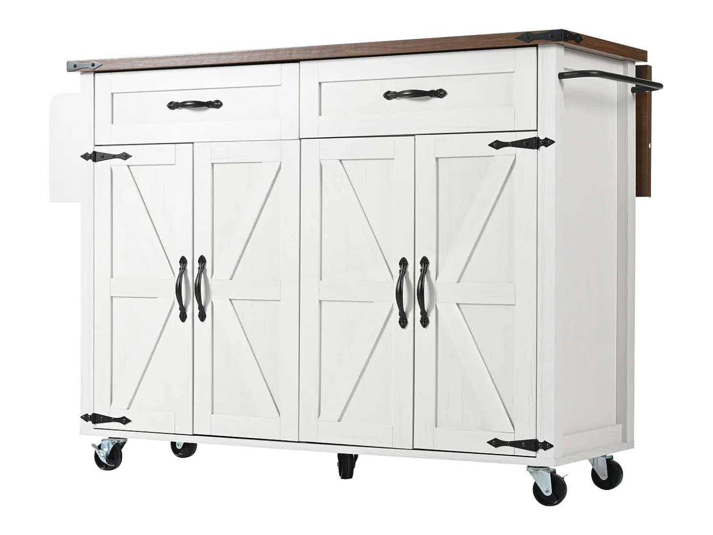 Isla de cocina con encimera extensible, carrito de servicio con 4 puertas y 2 cajones, MDF beige y madera (140x45x92,5 cm)