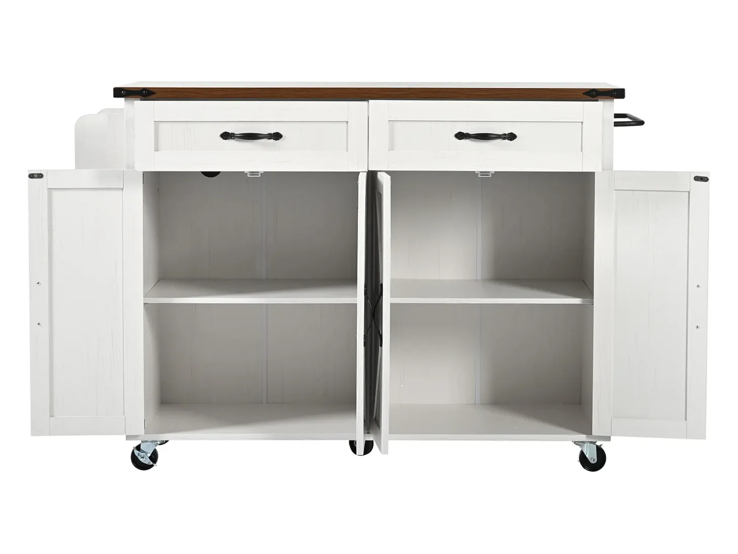 Isla de cocina con encimera extensible, carrito de servicio con 4 puertas y 2 cajones, MDF beige y madera (140x45x92,5 cm)