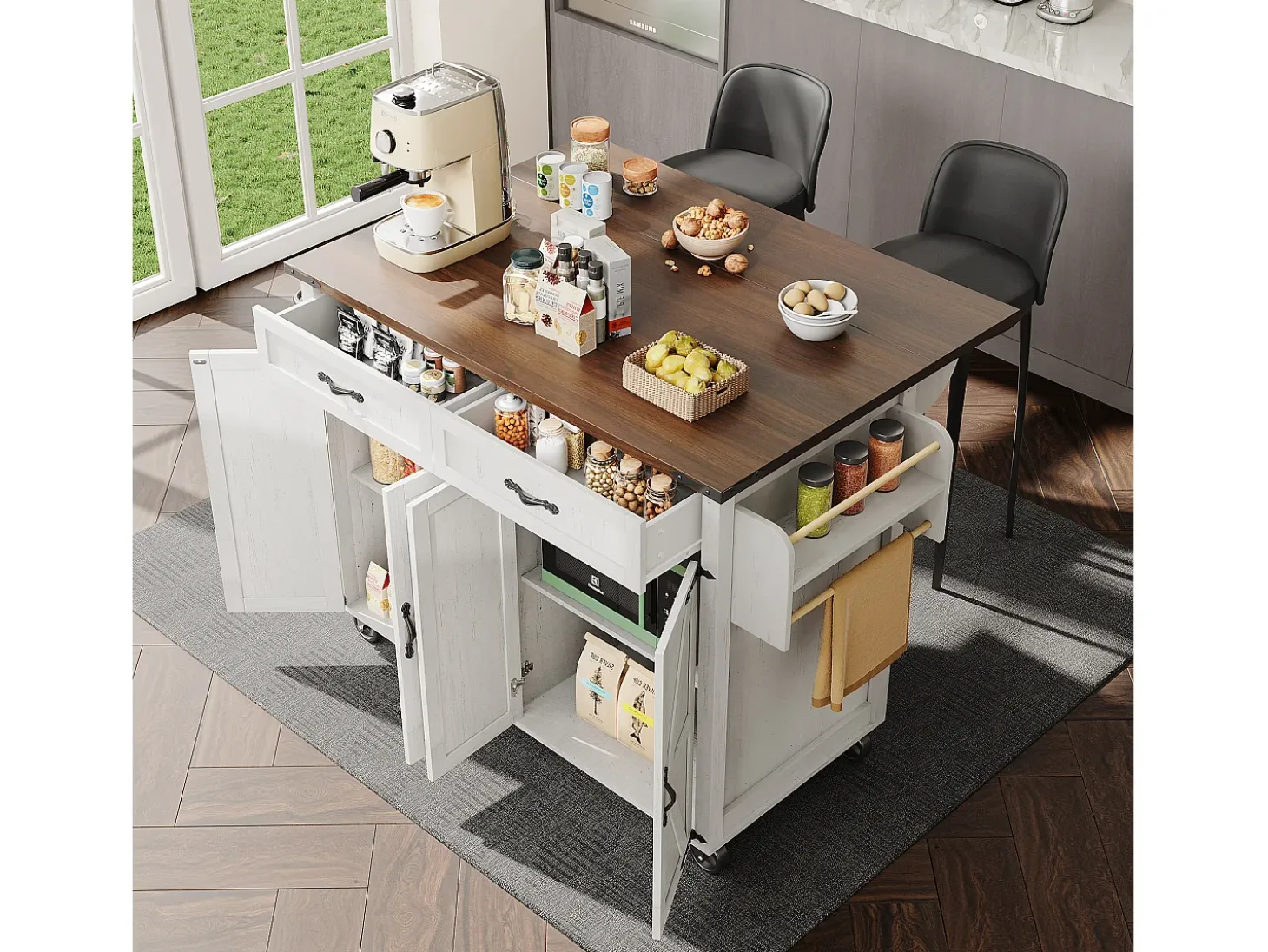 Isla de cocina con encimera extensible, carrito de servicio con 4 puertas y 2 cajones, MDF beige y madera (140x45x92,5 cm)