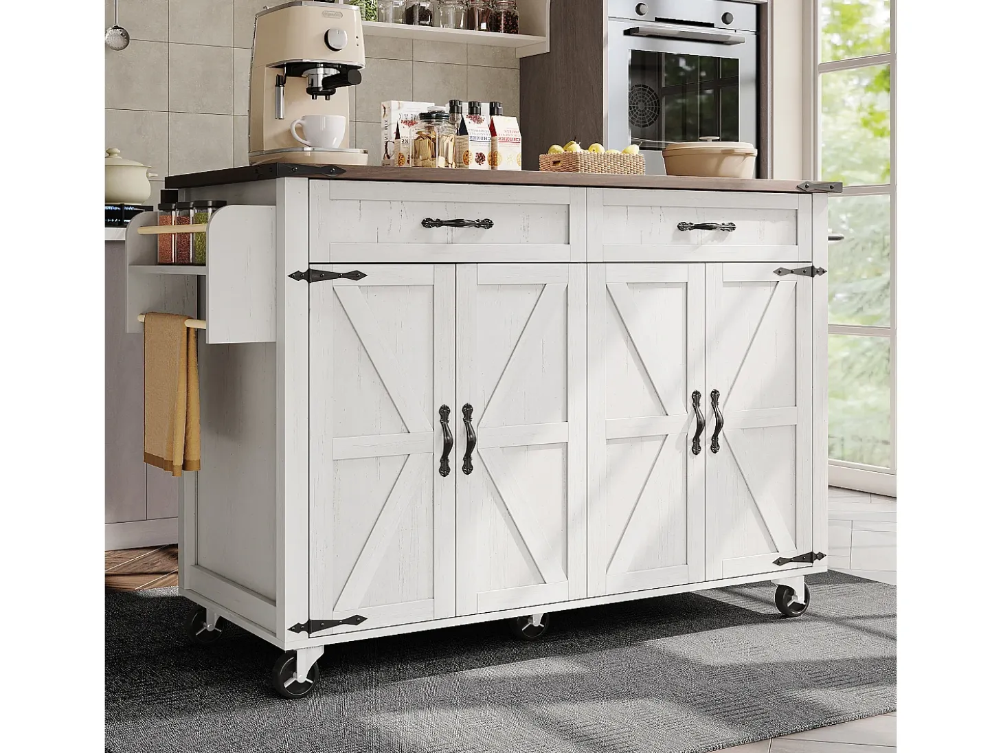 Isla de cocina con encimera extensible, carrito de servicio con 4 puertas y 2 cajones, MDF beige y madera (140x45x92,5 cm)