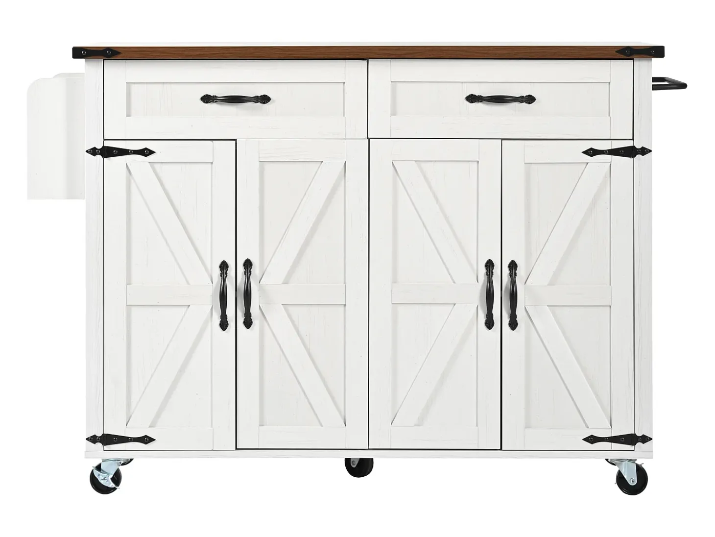 Isla de cocina con encimera extensible, carrito de servicio con 4 puertas y 2 cajones, MDF beige y madera (140x45x92,5 cm)