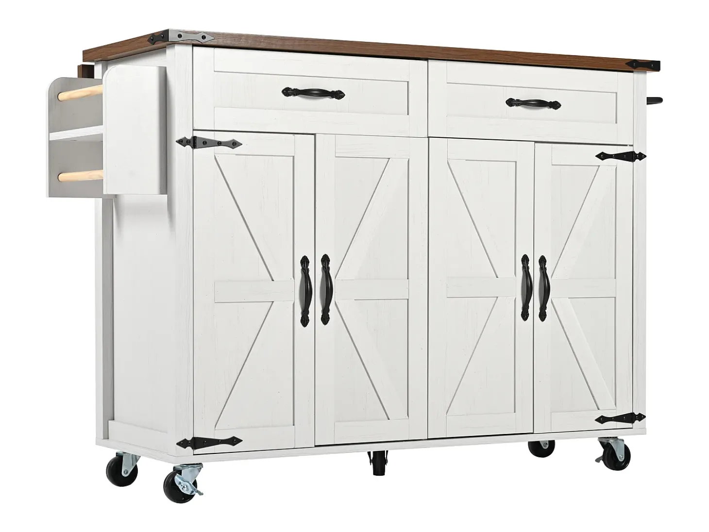 Isla de cocina con encimera extensible, carrito de servicio con 4 puertas y 2 cajones, MDF beige y madera (140x45x92,5 cm)