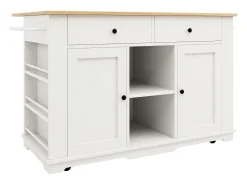 Isla de cocina con encimera abatible, carrito de cocina con toma de corriente, MDF y metal, blanco y natural (151,5x59,7x91,7 cm)