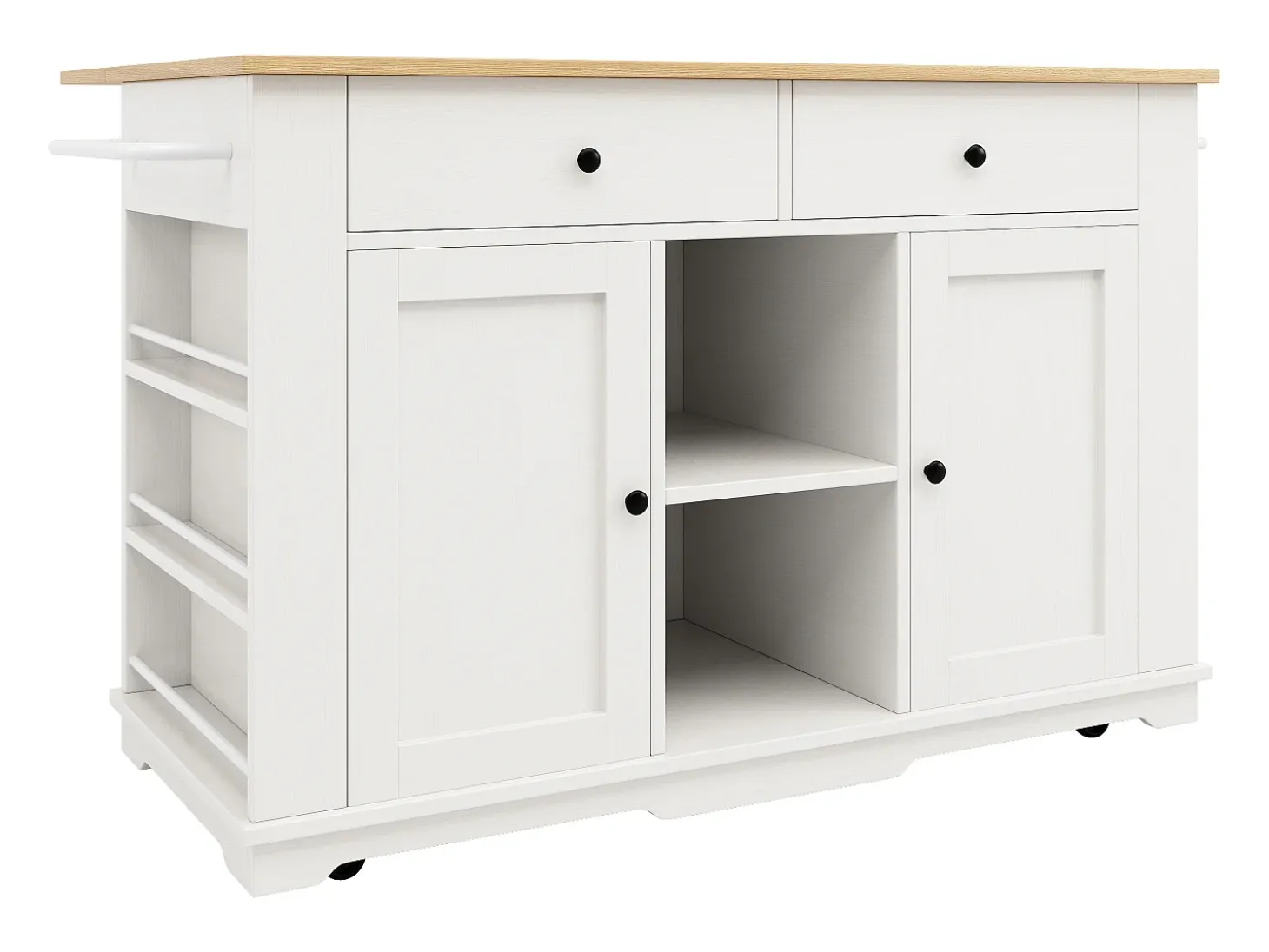 Isla de cocina con encimera abatible, carrito de cocina con toma de corriente, MDF y metal, blanco y natural (151,5x59,7x91,7 cm)