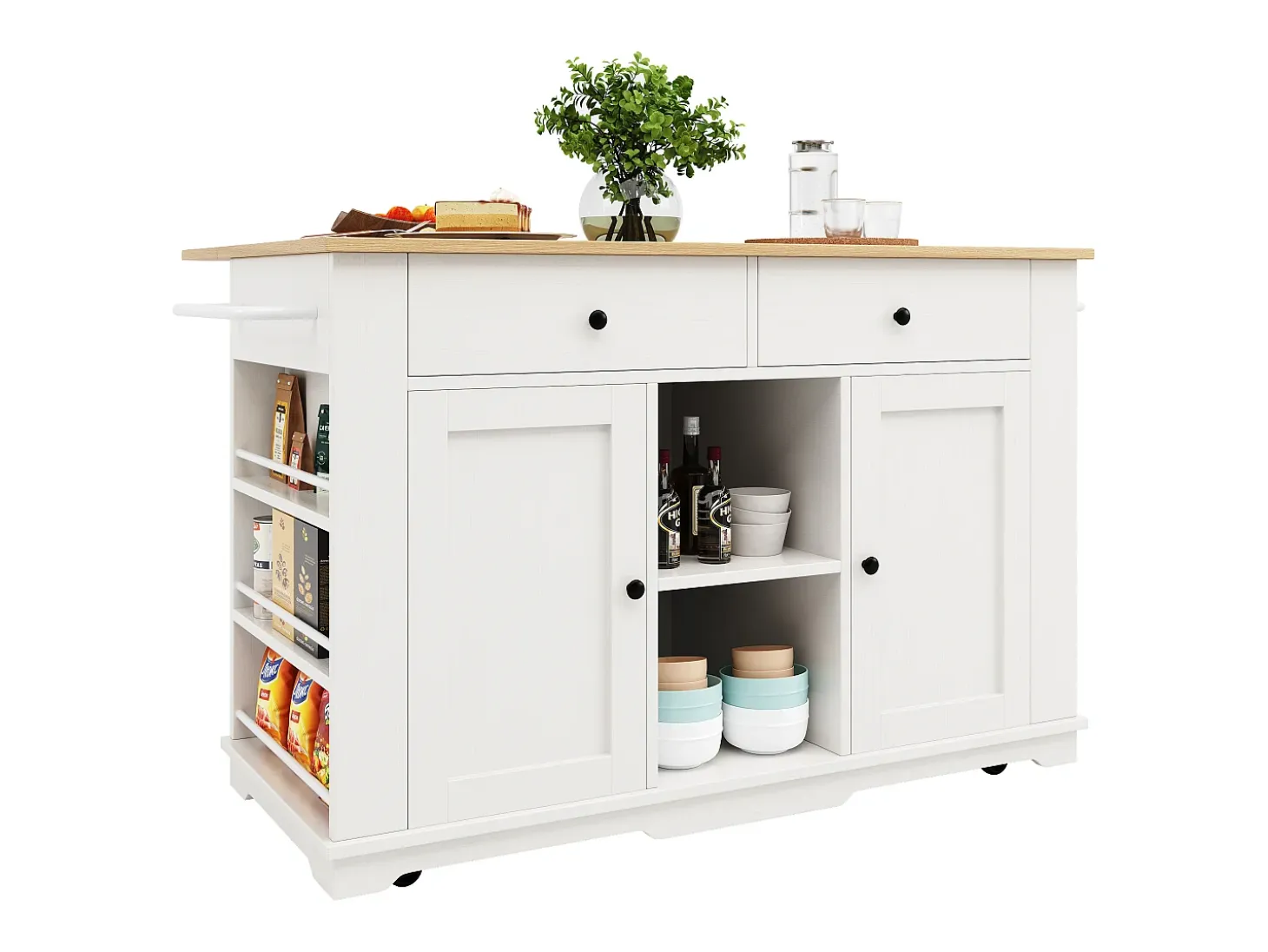 Isla de cocina con encimera abatible, carrito de cocina con toma de corriente, MDF y metal, blanco y natural (151,5x59,7x91,7 cm)