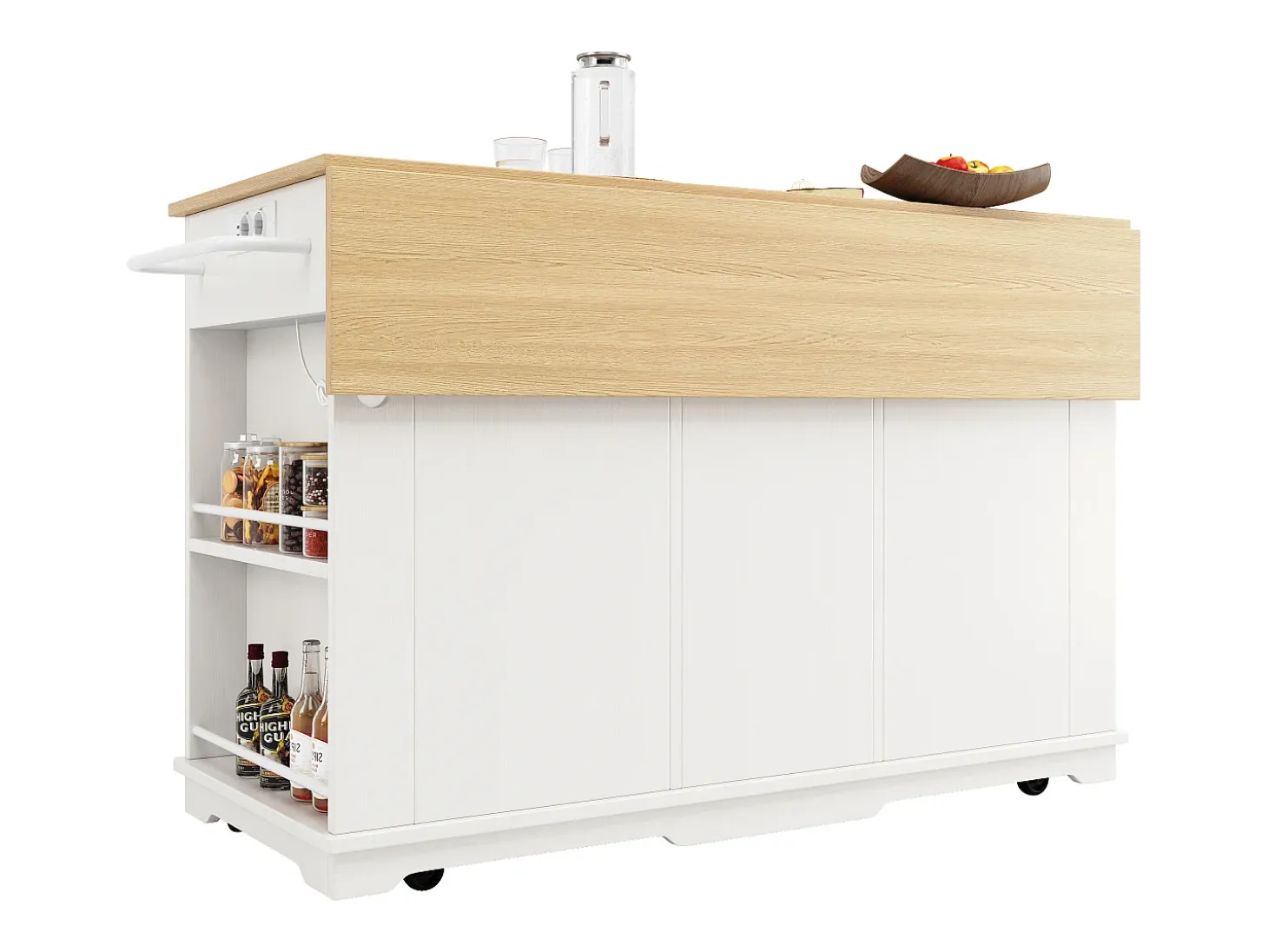 Isla de cocina con encimera abatible, carrito de cocina con toma de corriente, MDF y metal, blanco y natural (151,5x59,7x91,7 cm)
