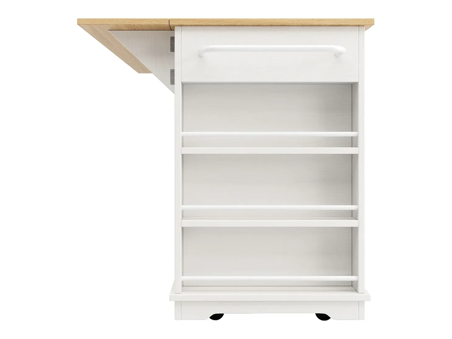 Isla de cocina con encimera abatible, carrito de cocina con toma de corriente, MDF y metal, blanco y natural (151,5x59,7x91,7 cm)