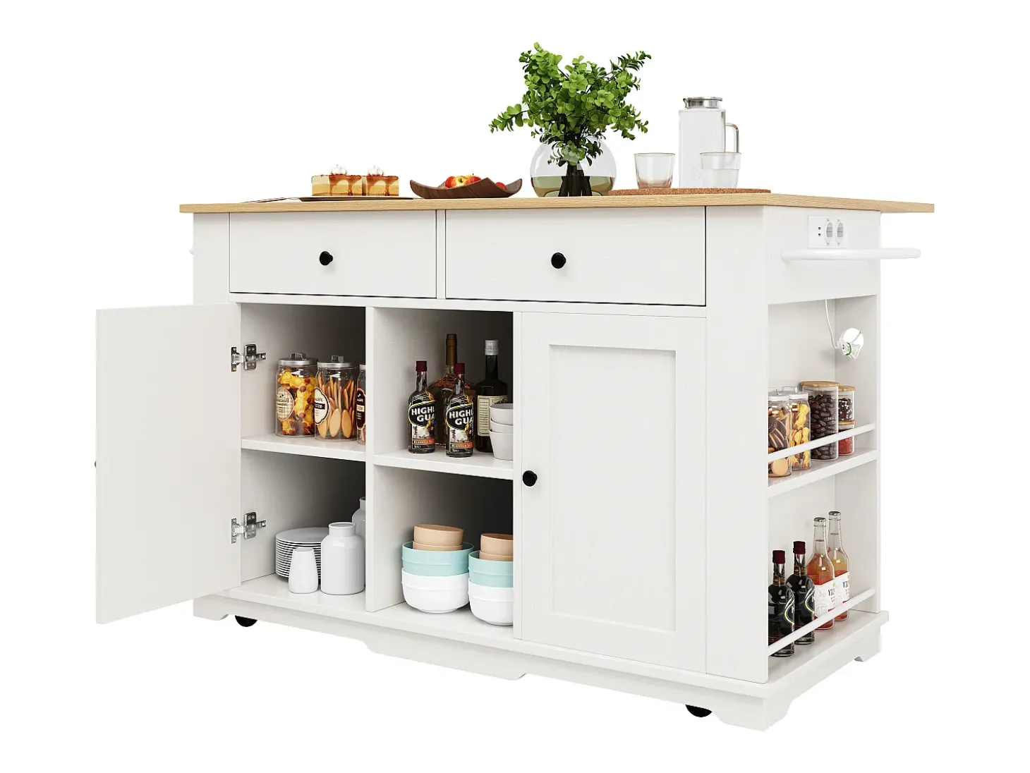 Isla de cocina con encimera abatible, carrito de cocina con toma de corriente, MDF y metal, blanco y natural (151,5x59,7x91,7 cm)