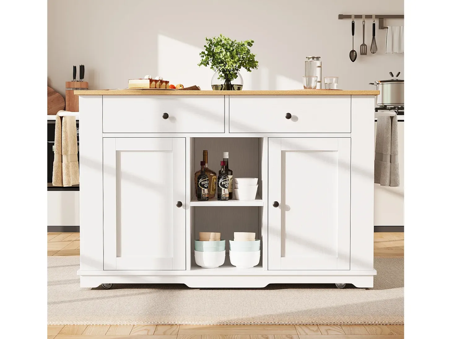 Isla de cocina con encimera abatible, carrito de cocina con toma de corriente, MDF y metal, blanco y natural (151,5x59,7x91,7 cm)