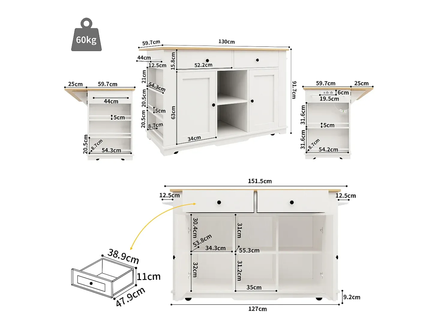 Isla de cocina con encimera abatible, carrito de cocina con toma de corriente, MDF y metal, blanco y natural (151,5x59,7x91,7 cm)