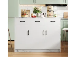 Isla de cocina con encimera de madera Eiche, puertas de cristal templado, estantes ajustables y toallero, diseño moderno (120 x 60 x 90,5 cm)