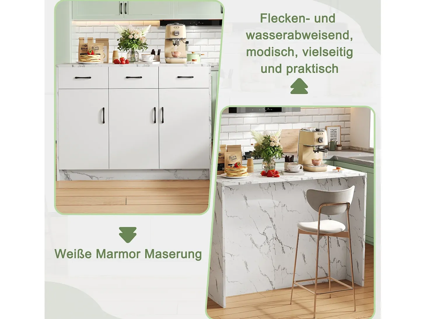 Isla de cocina con encimera de madera Eiche, puertas de cristal templado, estantes ajustables y toallero, diseño moderno (120 x 60 x 90,5 cm)